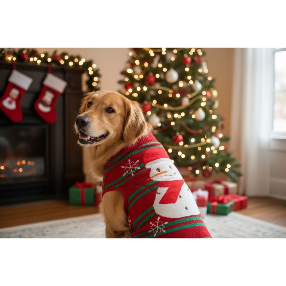 NEW Snowman Christmas Dog Sweater Size Large Red‎ Green Striped Holiday Pet Wear